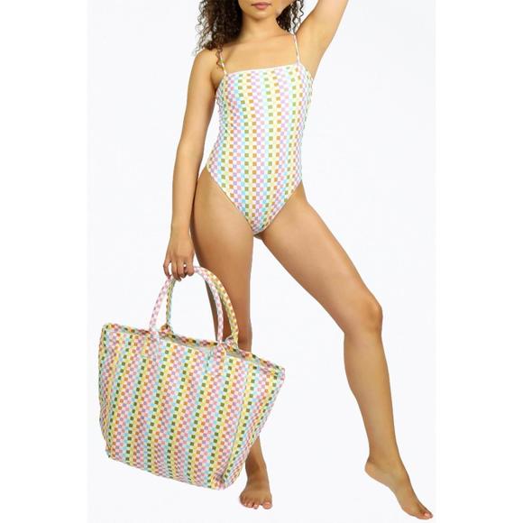 NEW NIRVANIC dunes oversized tote bag in eco rainbow check - Picture 1 of 3